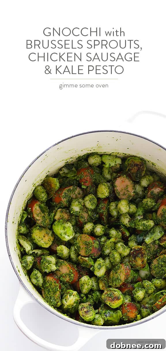 Gnocchi with Brussels Sprouts, Chicken Sausage and Kale Pesto -- quick and easy to make and SO flavorful! | dobnee.com