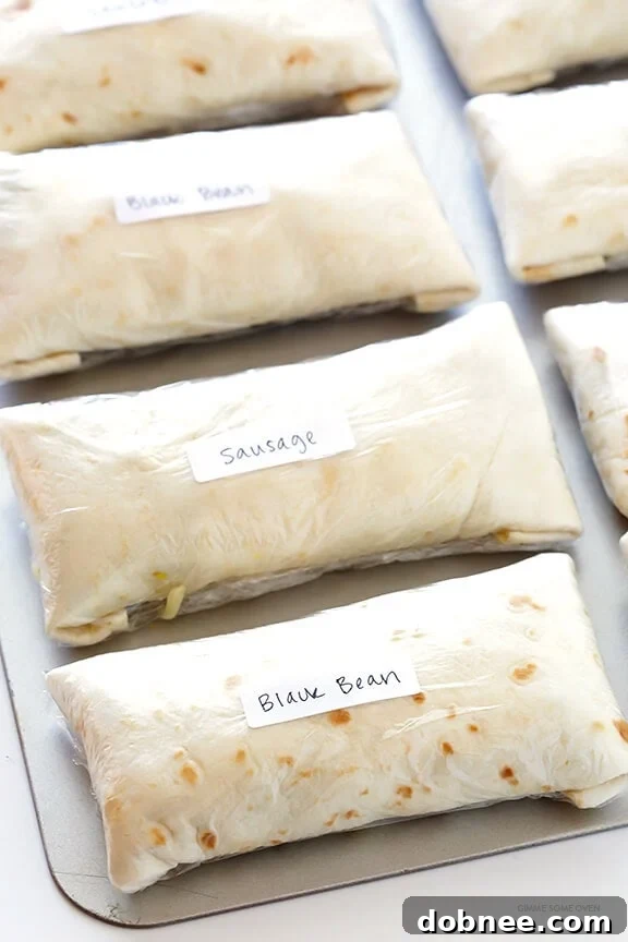 A close-up of a perfectly cooked freezer breakfast burrito, sliced open to reveal its delicious fillings. Ready to be enjoyed.