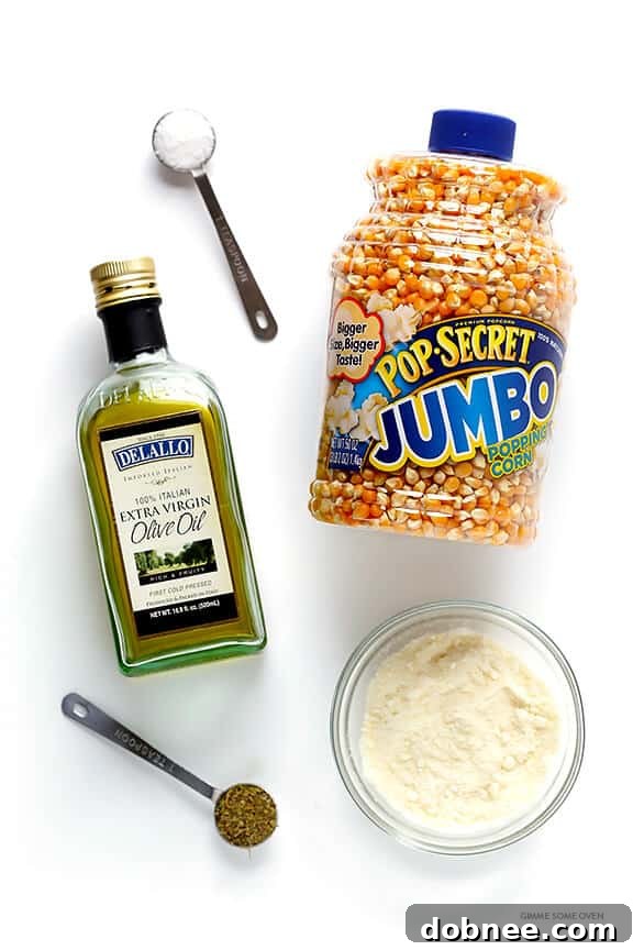 Olive Oil and Parmesan Popcorn -- easy to make with just a few ingredients, and so irresistibly good! | gimmesomeoven.com