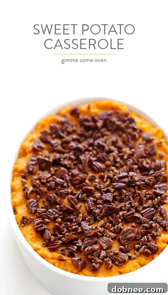 Candied Yam Perfection 6 Healthier Sweet Potato Casserole -- naturally sweetened with a hint of maple syrup, and topped with cinnamon pecans | gimmesomeoven.com
