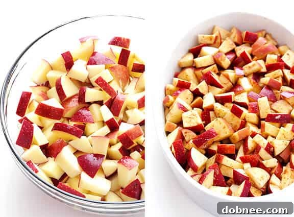 Close-up of diced apples tossed with cinnamon and lemon juice, ready for baking in the easy apple crisp recipe.