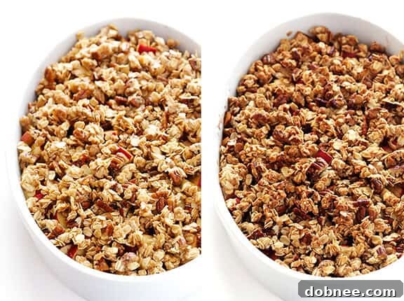 Oat and nut topping for apple crisp, mixed with maple syrup and cinnamon, showing a rich, crumbly texture.
