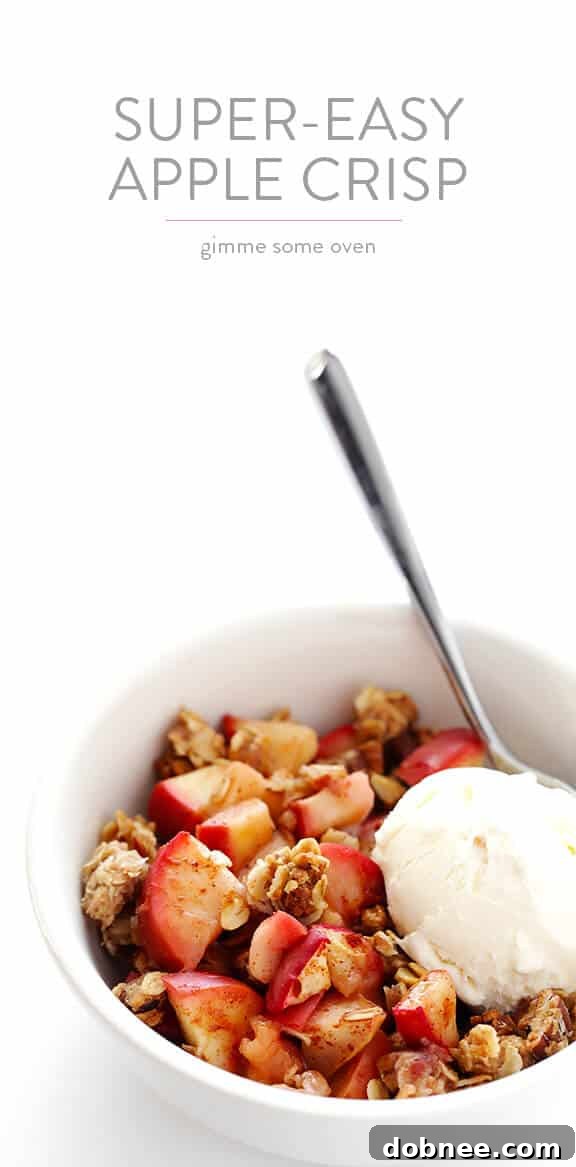 A delicious scoop of gluten-free apple crisp with creamy vanilla ice cream and caramel drizzle.