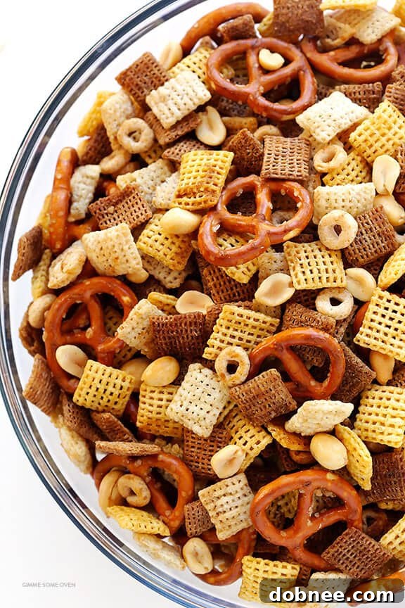 A finished bowl of homemade Coconut Oil Chex Mix, ready to be enjoyed.