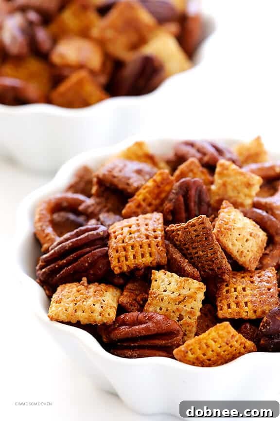 Praline Pecan Party Chex 2 Candied Pecan Chex Mix -- traditional party mix tossed with pecans and a candied coating. So easy to make, and SO GOOD! | gimmesomeoven.com
