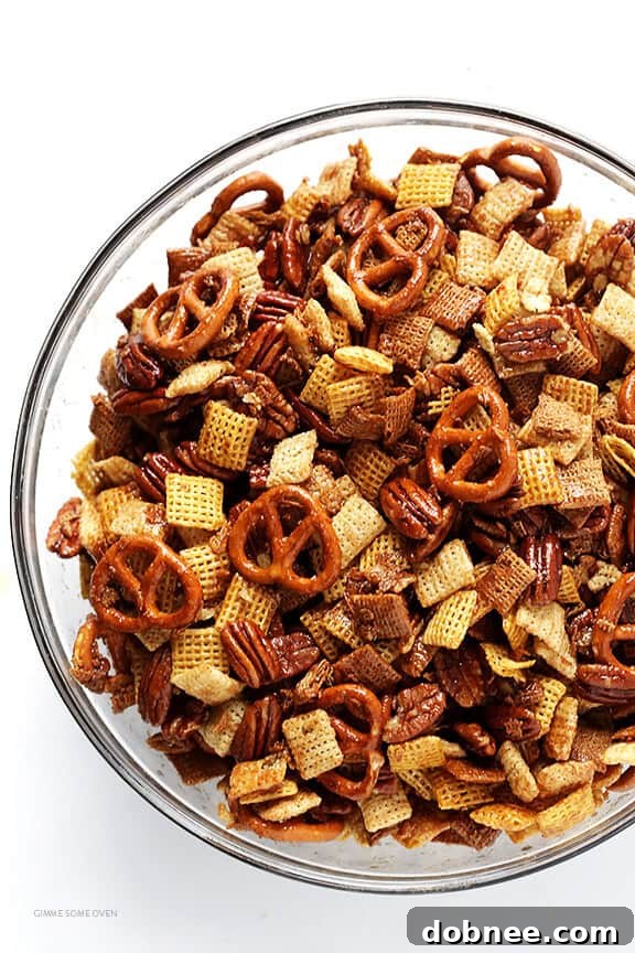 Praline Pecan Party Chex 4 Candied Pecan Chex Mix -- traditional party mix tossed with pecans and a candied coating. So easy to make, and SO GOOD! | gimmesomeoven.com