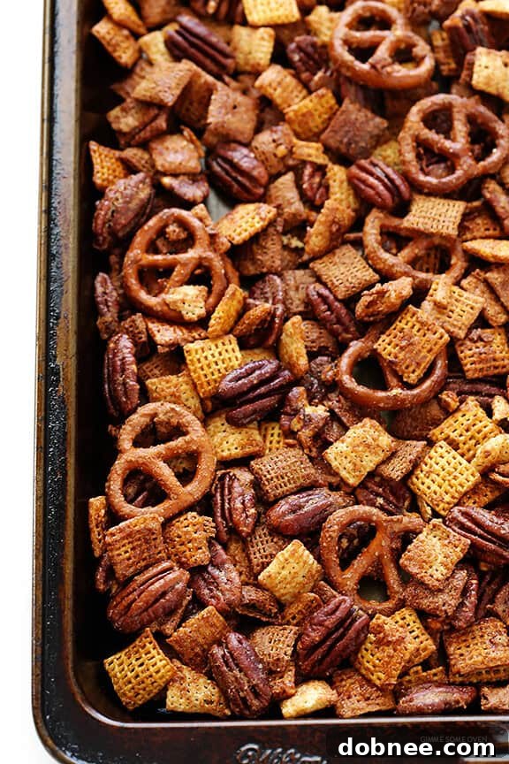 Praline Pecan Party Chex 5 Candied Pecan Chex Mix -- traditional party mix tossed with pecans and a candied coating. So easy to make, and SO GOOD! | gimmesomeoven.com