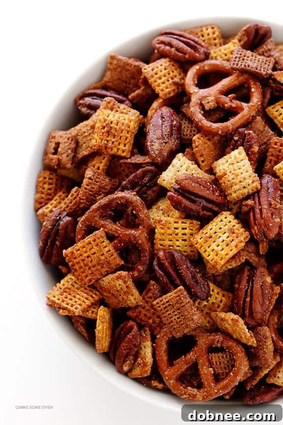 Praline Pecan Party Chex 6 Candied Pecan Chex Mix -- traditional party mix tossed with pecans and a candied coating. So easy to make, and SO GOOD! | gimmesomeoven.com