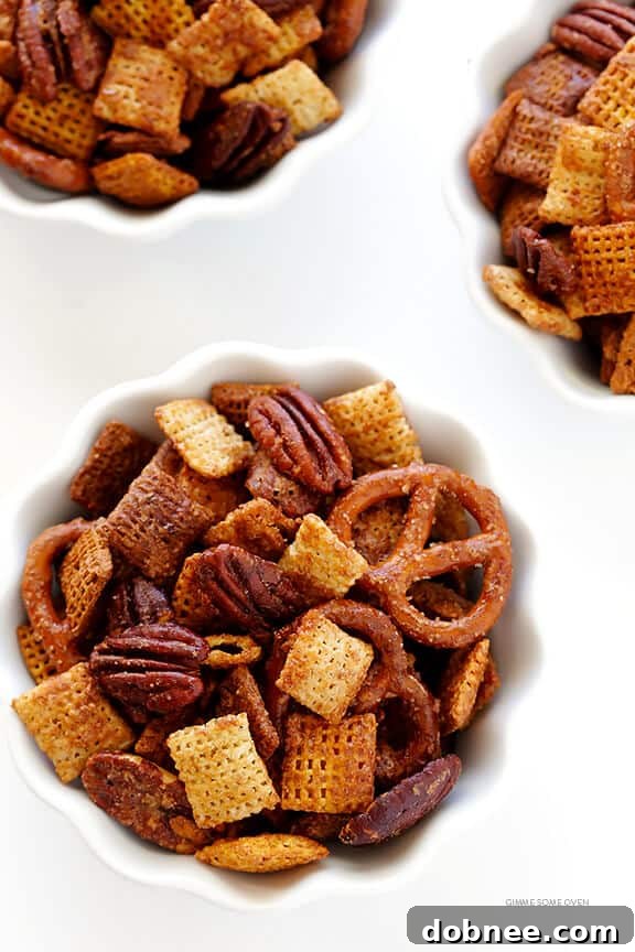 Praline Pecan Party Chex 7 Candied Pecan Chex Mix -- traditional party mix tossed with pecans and a candied coating. So easy to make, and SO GOOD! | gimmesomeoven.com