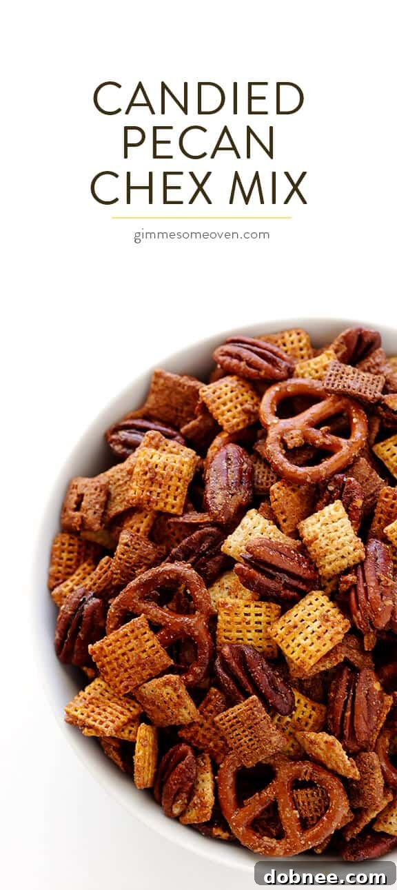 Praline Pecan Party Chex 9 Candied Pecan Chex Mix -- traditional party mix tossed with pecans and a candied coating. So easy to make, and SO GOOD! | gimmesomeoven.com