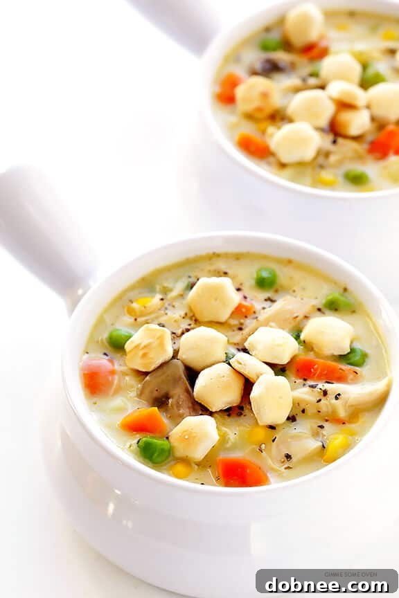 Perfectly Topped Chicken Pot Pie Soup with Crunchy Oyster Crackers | dobnee.com