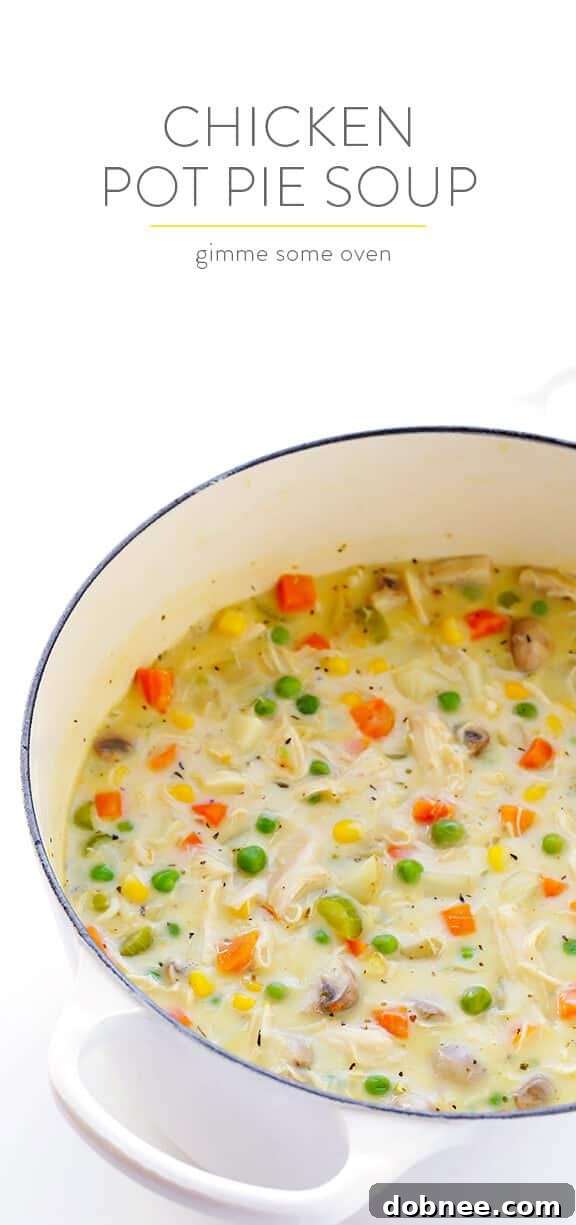 A large serving of homemade Chicken Pot Pie Soup, garnished and ready to eat | dobnee.com