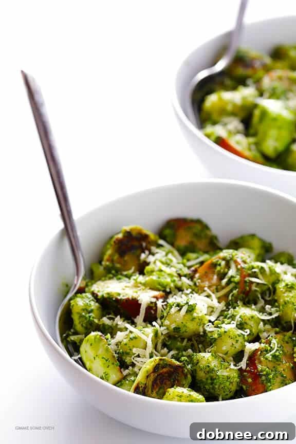 Hearty Gnocchi with Brussels Sprouts, Chicken Sausage & Kale Pesto - Comfort Food Dinner | Gimme Some Oven