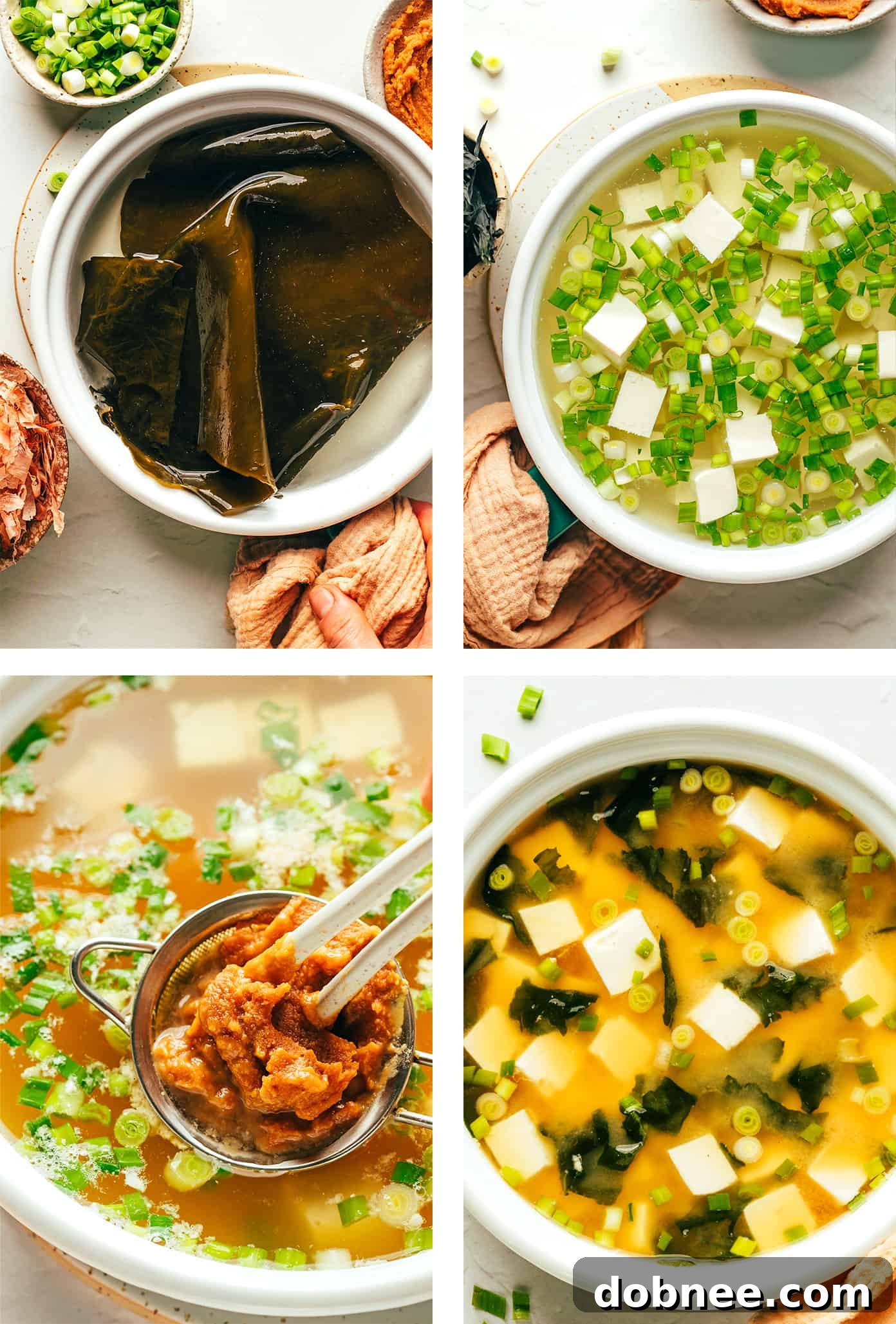 Step by step photos showing how to make Miso Soup