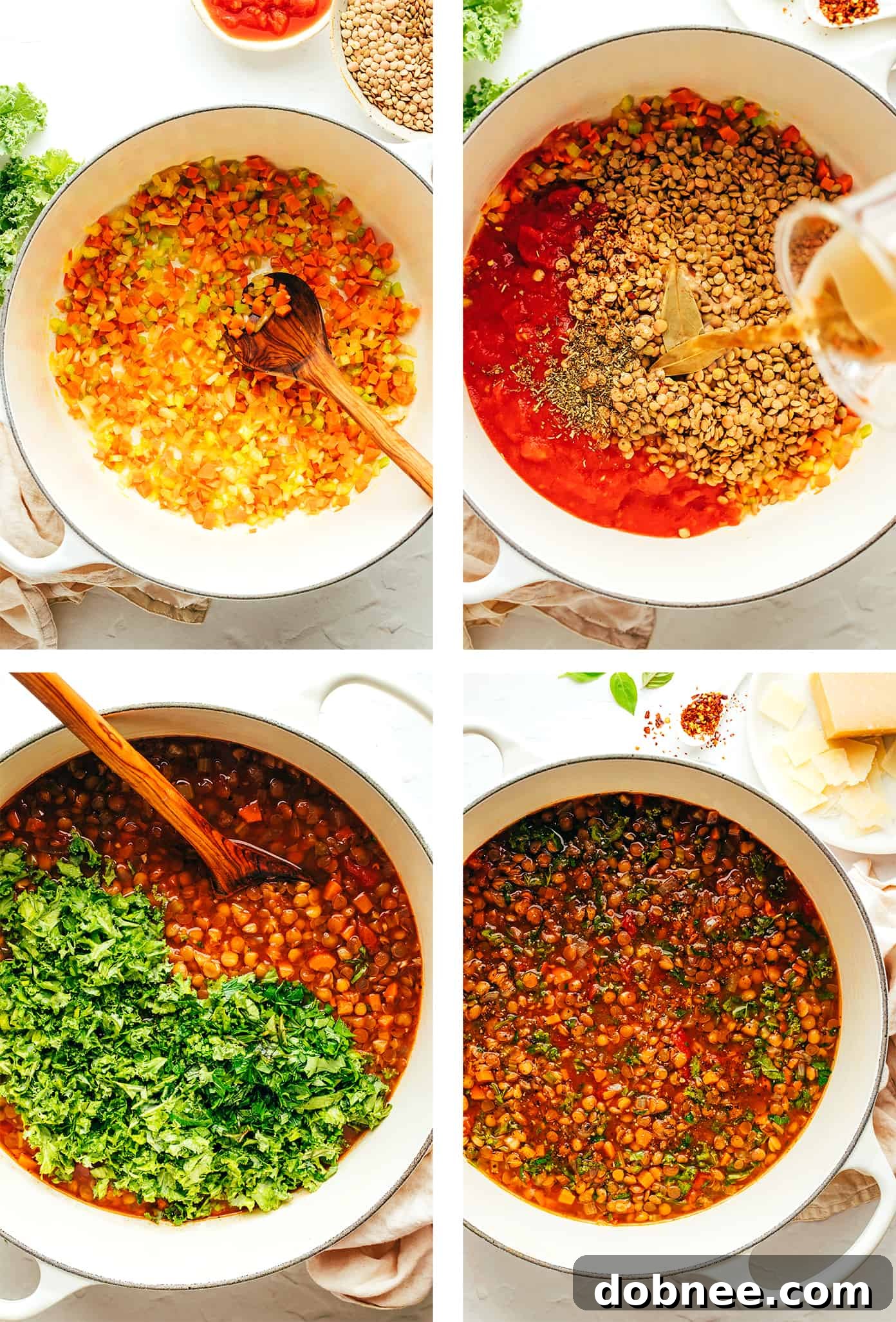 Step by step photo tutorial showing how to make lentil soup