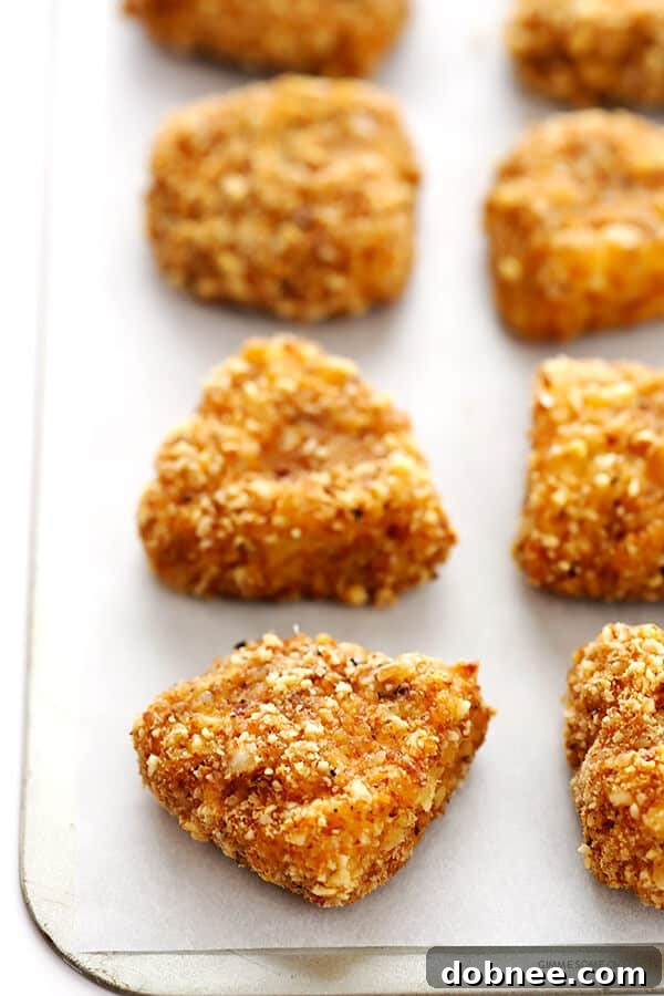 Close-up of golden brown, baked Almond-Crusted Chicken Nuggets on a baking sheet, ready to be served.