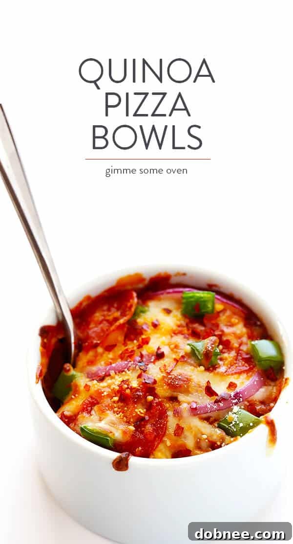 A beautifully presented Easy Quinoa Pizza Bowl, highlighting the texture and appeal of this healthy pizza alternative.