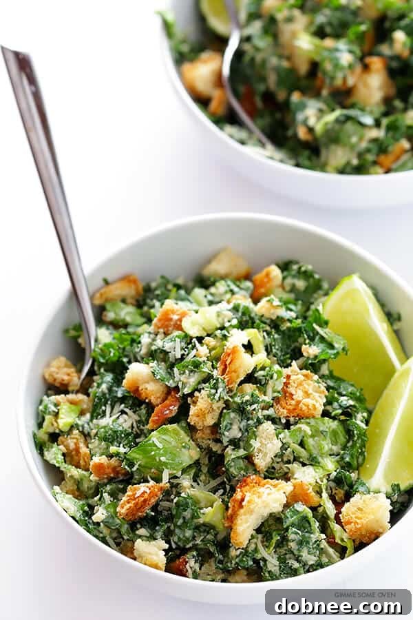 Enjoying a delicious, homemade Kale Caesar Salad with a lighter lime dressing.
