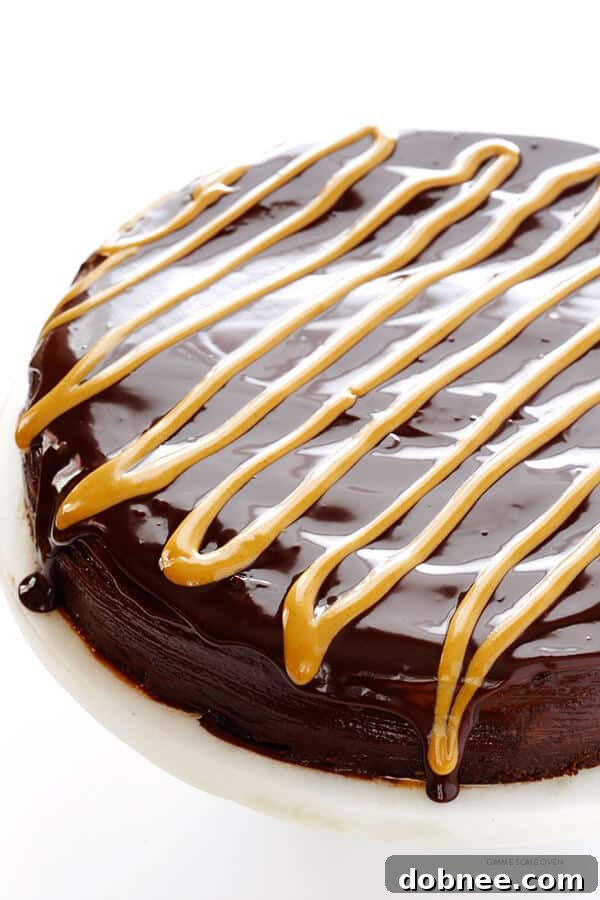 Steps for creating the peanut butter chocolate ganache swirl, demonstrating the melted chocolate and heavy cream ganache.