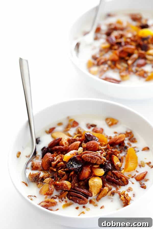 Close-up of freshly baked grain-free granola with nuts and dried fruit
