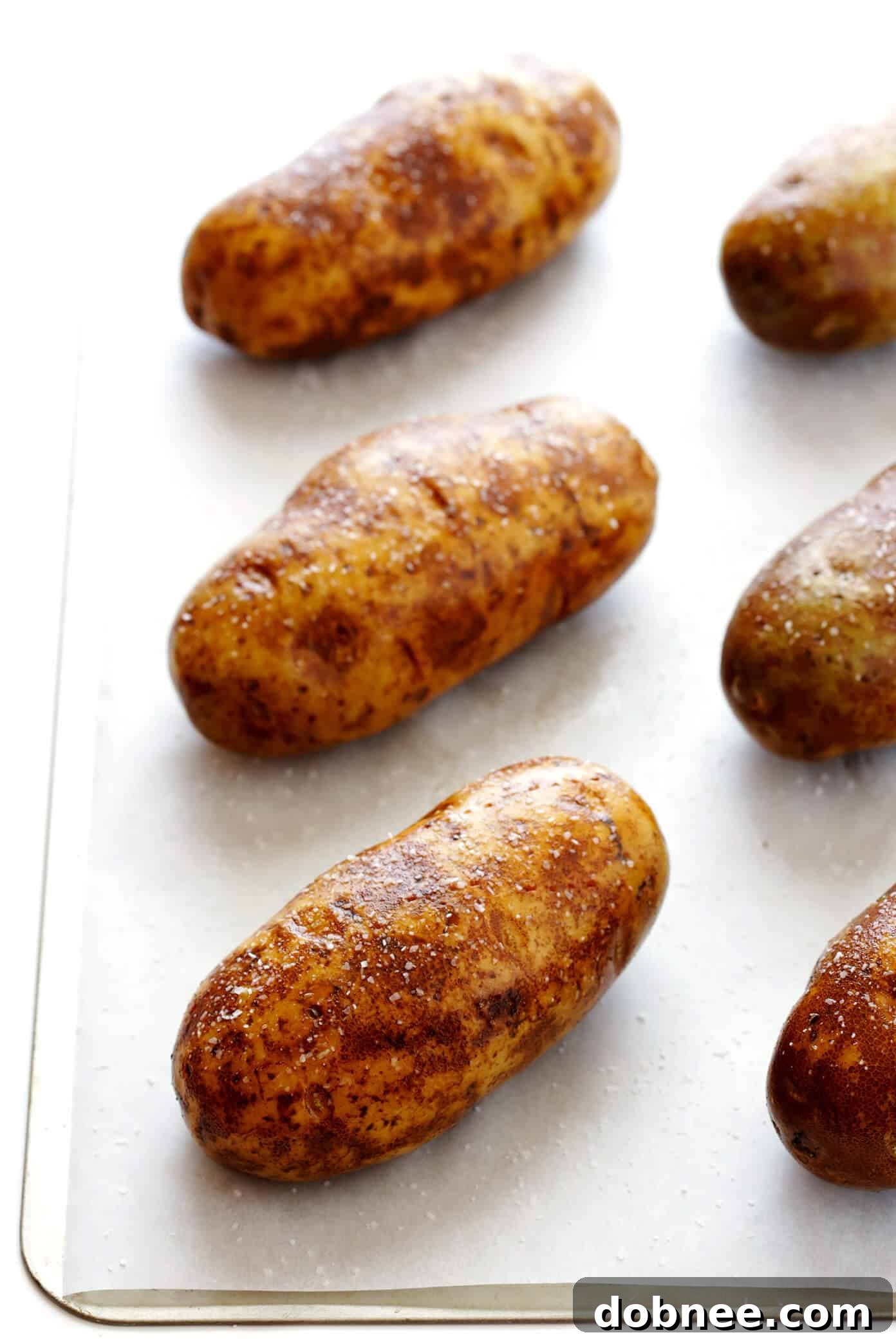Ingredients for the perfect baked potato recipe: Russet potatoes, butter or olive oil, Kosher salt, and black pepper.