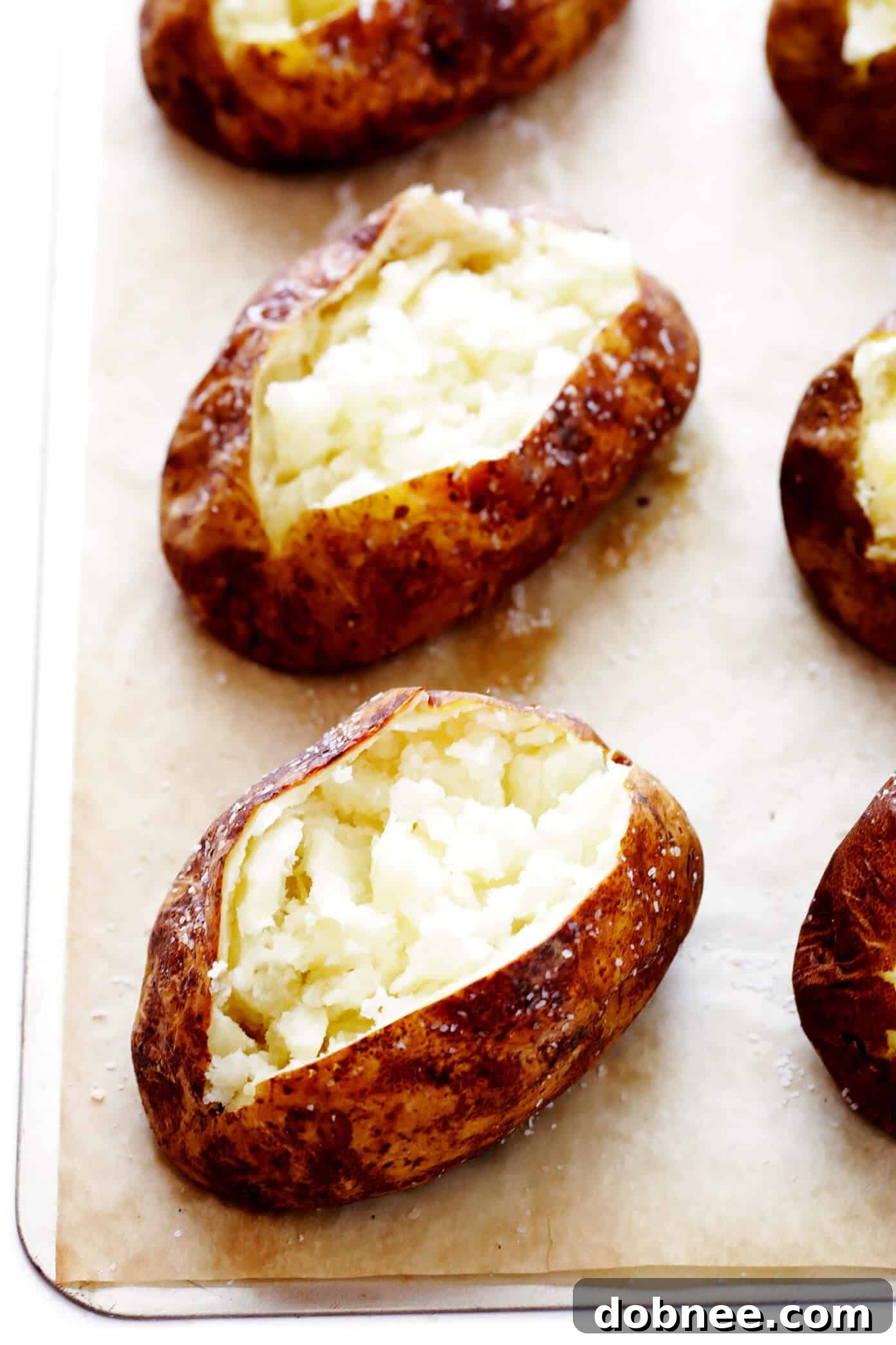 A basket of freshly baked potatoes with crispy skins, ready to be served.