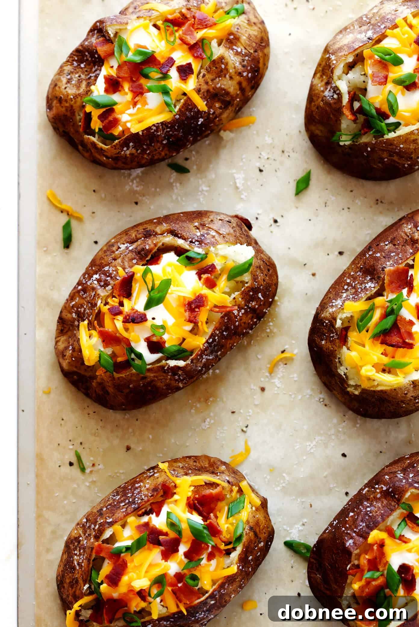 A beautifully presented baked potato with crispy skin and a fluffy interior, ready for any meal.