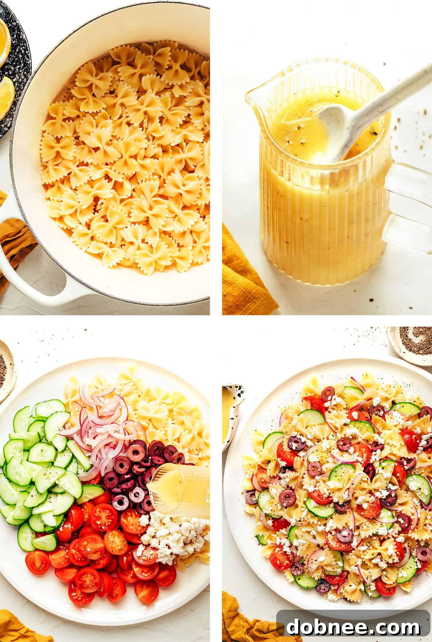 Sun-Drenched Mediterranean Pasta 4 Assembling Mediterranean Pasta Salad in a large bowl