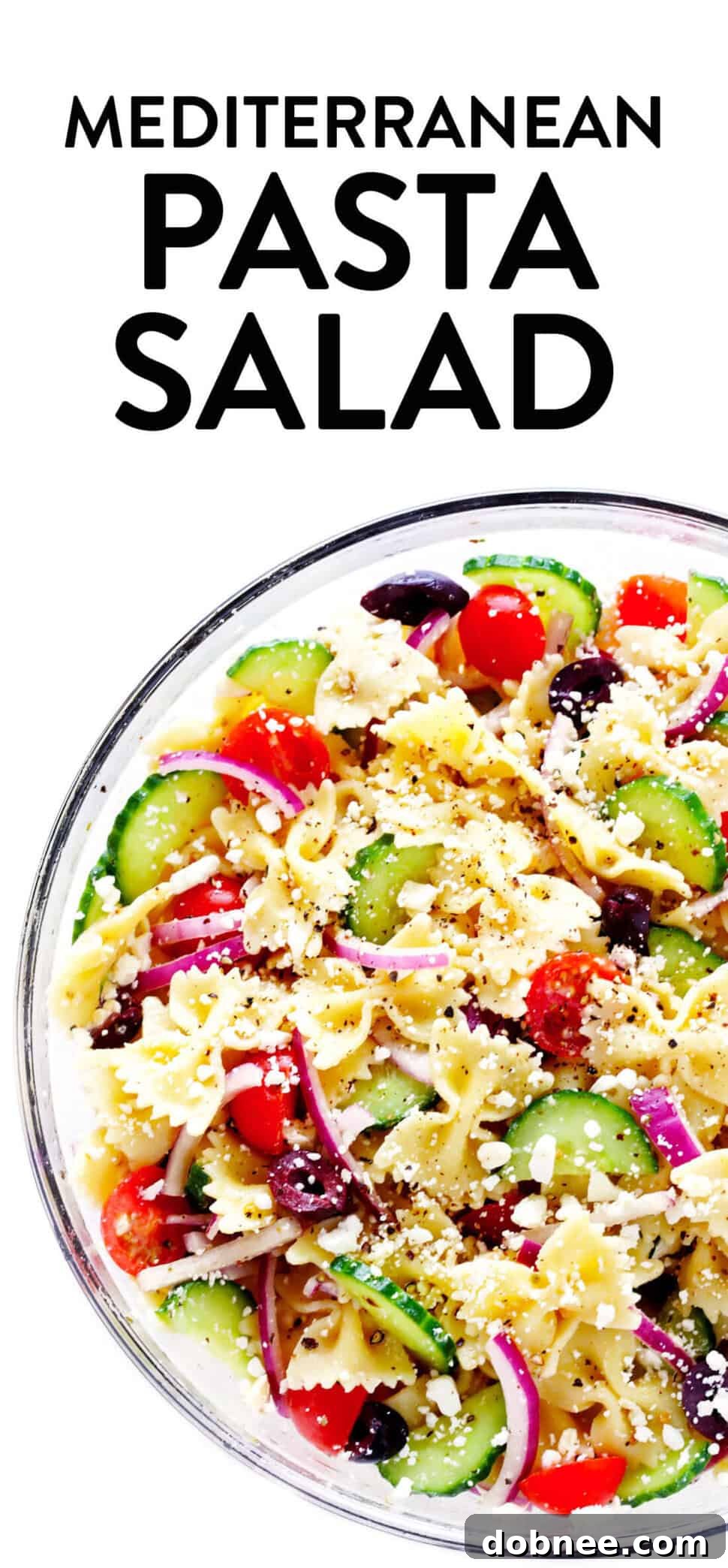 The BEST Mediterranean Pasta Salad! Made with your choice of pasta, cucumber, tomato, olives, onions, feta cheese, and a zippy lemon herb vinaigrette. Always a crowd fave! | gimmesomeoven.com #pasta #salad #greek #vegetarian #makeahead #summer Mediterranean Pasta Salad Recipe with Greek Vinaigrette