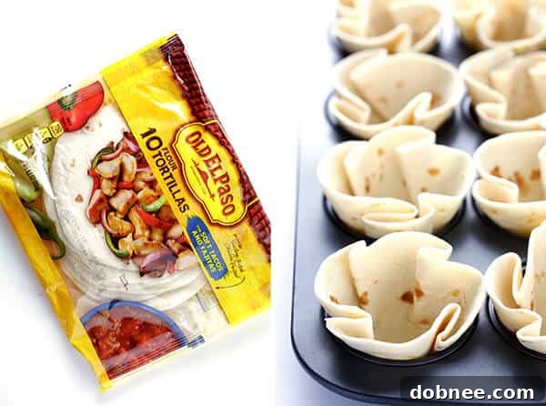 Flour tortillas being pressed into a muffin tin to form cups, ready for baking