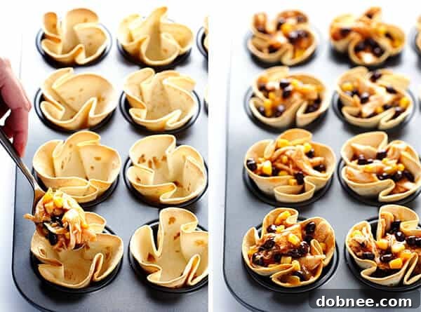 Bowl filled with enchilada cup mixture, including chicken, corn, and black beans