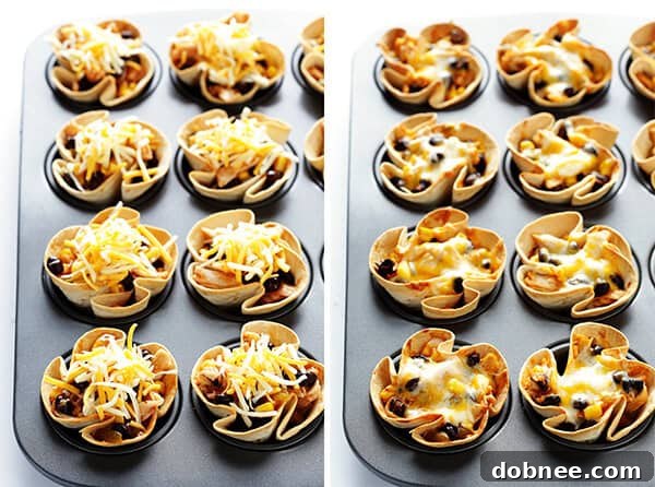 Enchilada cups meticulously filled with savory mixture and topped with shredded cheese, ready for final baking