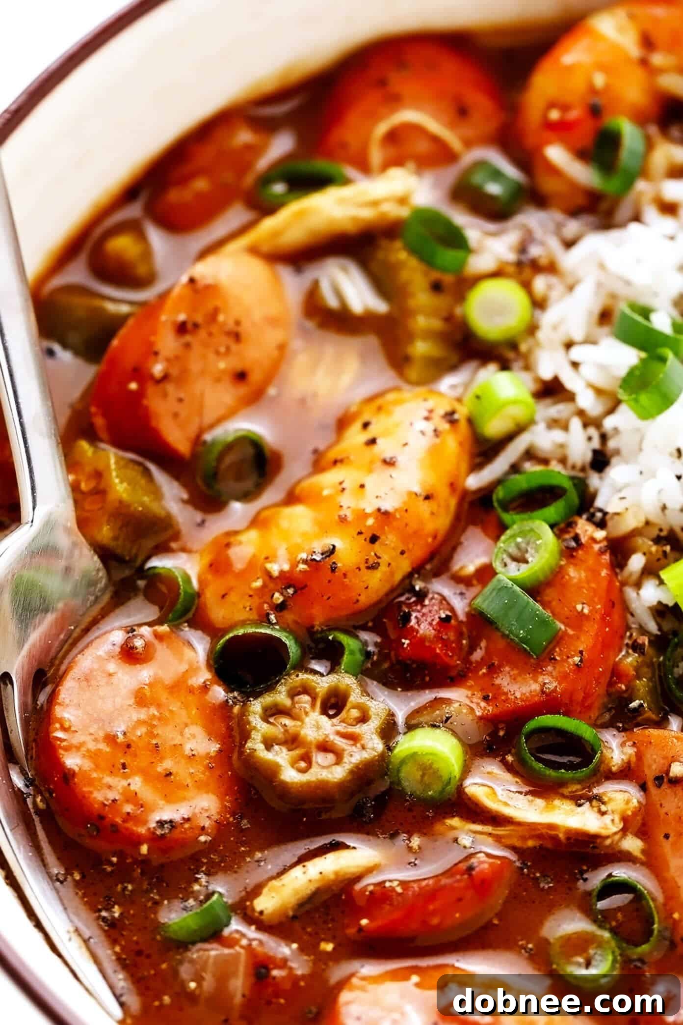 Closeup of a hearty bowl of Andouille Sausage, Shrimp and Chicken Gumbo, perfectly served with fluffy white rice.
