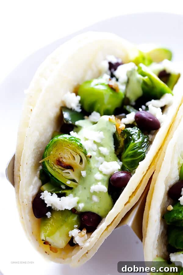 Assembled Brussels Sprouts Tacos drizzled with creamy avocado sauce and sprinkled with cheese, ready to be enjoyed. | gimmesomeoven.com