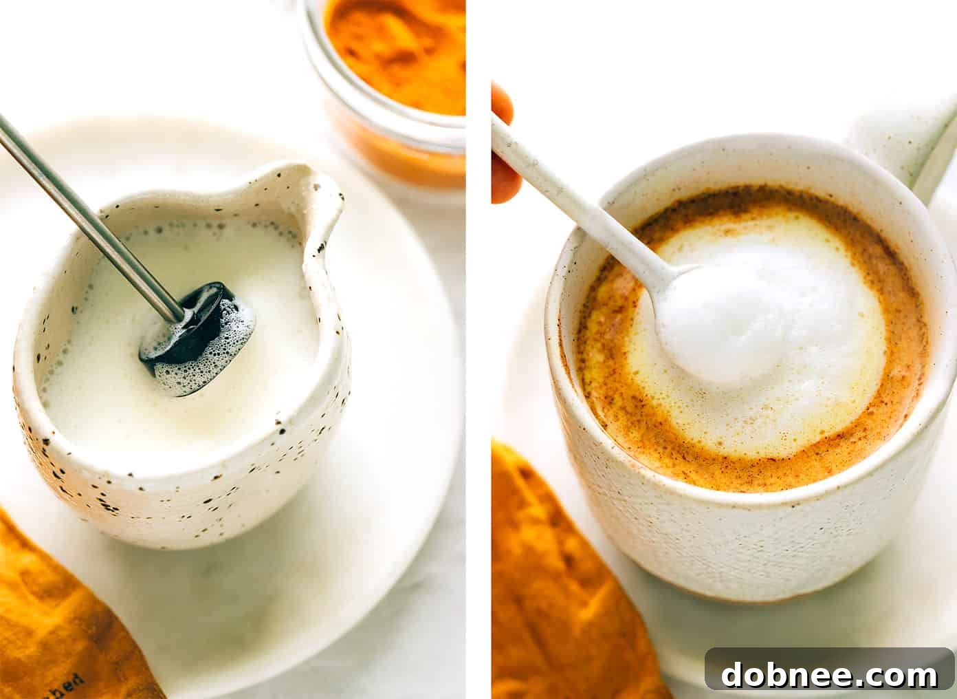 Close-up of golden milk being stirred in a mug, showcasing its rich texture and color.