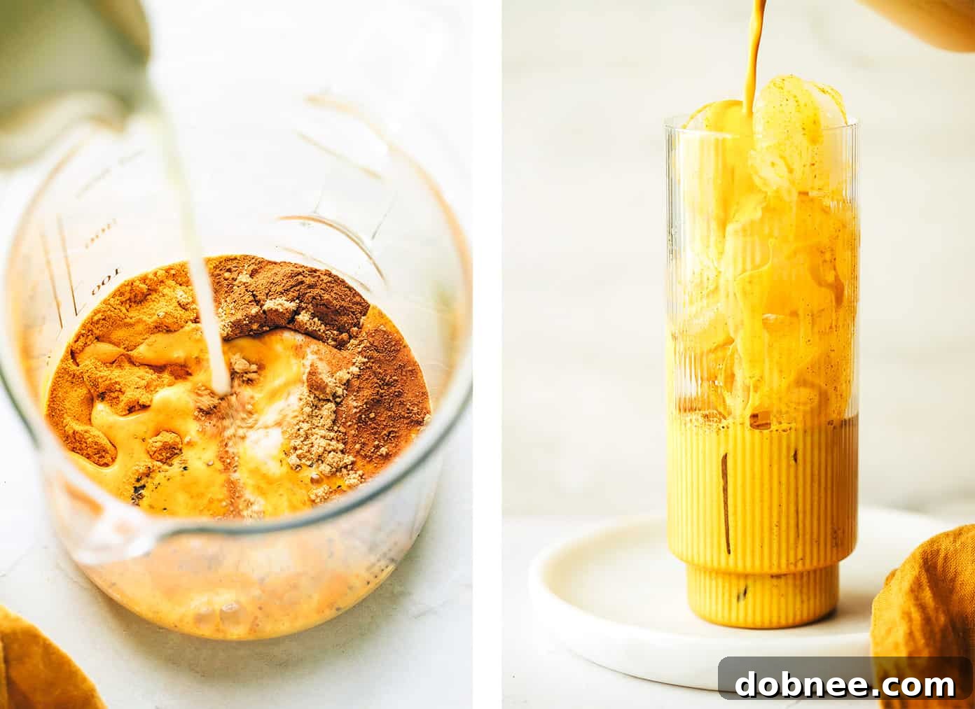 Two glasses of golden milk, one hot and one iced, on a rustic wooden surface with spices.