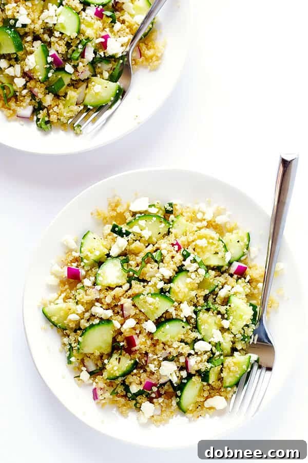 A serving of the Cucumber Quinoa Salad, beautifully presented in a bowl, ready to be enjoyed.