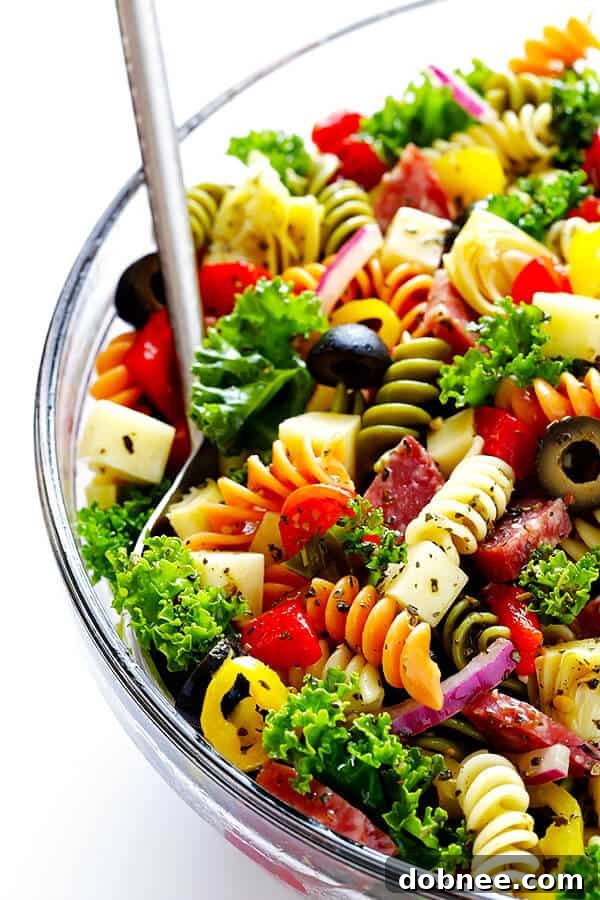 Beautifully mixed Rainbow Antipasto Pasta Salad ready to serve