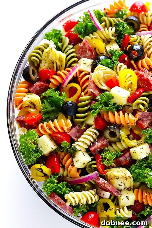 Close-up of the delicious Rainbow Antipasto Pasta Salad with rotini pasta