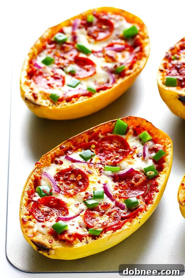 Pizza Night, Squash Style 2 Delicious and healthy Pizza Spaghetti Squash Boats with fresh toppings