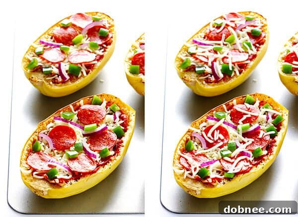 Pizza Night, Squash Style 6 Adding pizza sauce and shredded mozzarella cheese to spaghetti squash boats