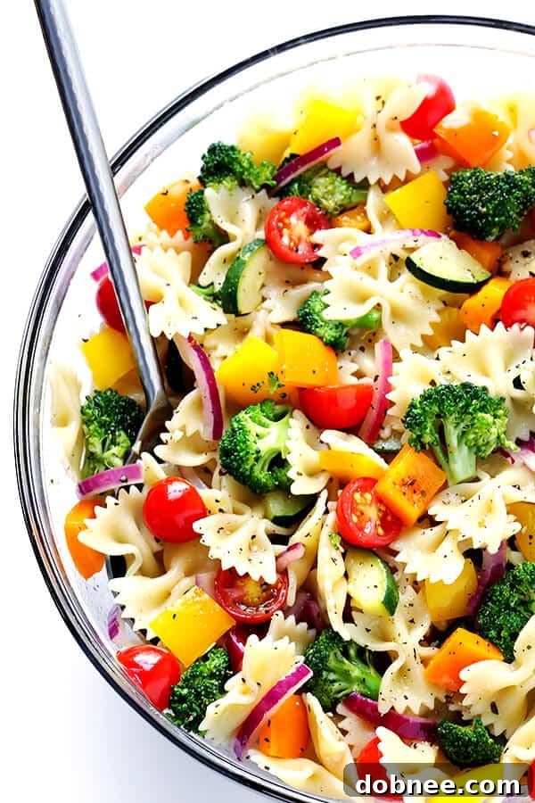 A vibrant and fresh Veggie Lovers' Pasta Salad with colorful vegetables, perfect for any gathering or picnic.