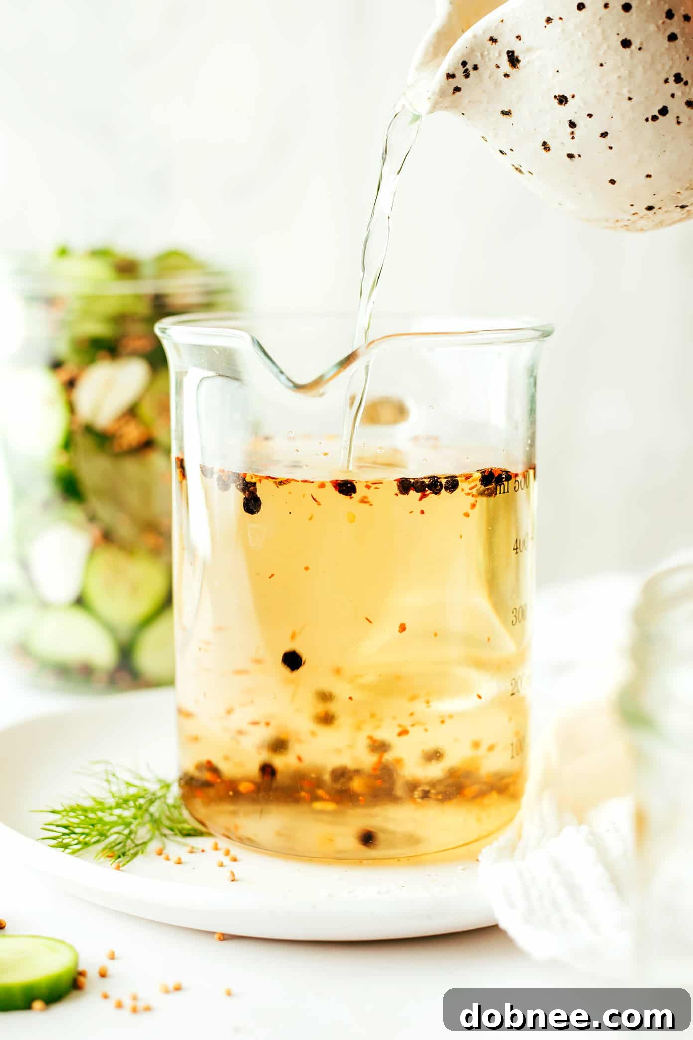 Close-up of a jar filled with cucumbers, dill, and garlic