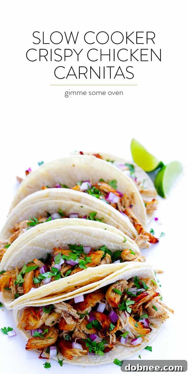 These Slow Cooker Crispy Chicken Carnitas are made easy by simmering for hours in the crock pot, then they're briefly crisped up in the broiler, resulting in tender, crispy, juicy, and absolutely DELICIOUS chicken carnitas. Perfect for tacos, burritos, or whatever sounds good! | gimmesomeoven.com
