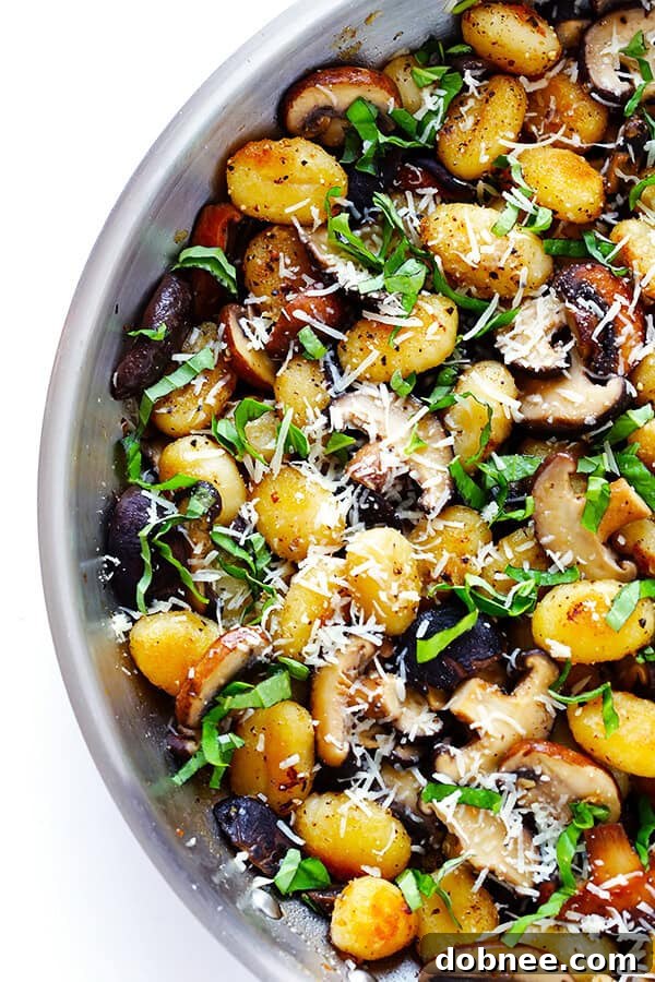 Toasted Gnocchi with Savory Mushrooms, Fresh Basil, and Parmesan Cheese, a delightful 30-minute vegetarian meal