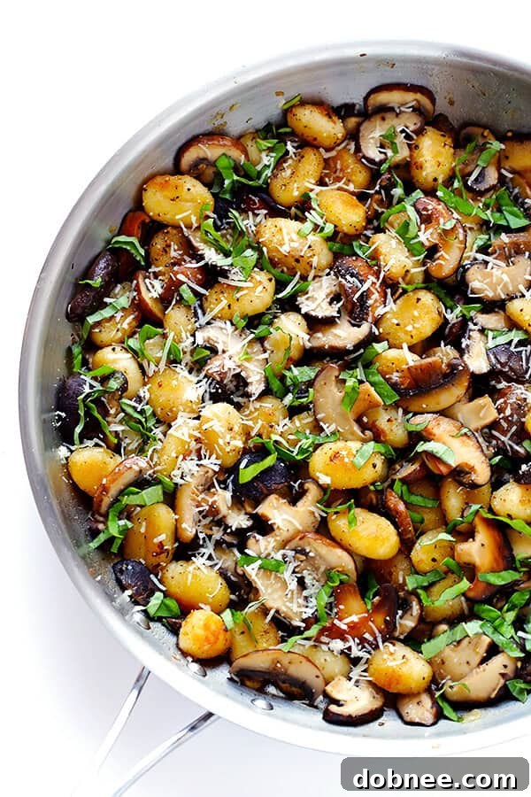 Toasted gnocchi and mushrooms, tossed with fresh basil and Parmesan cheese