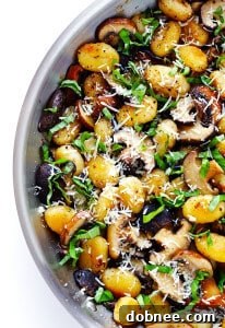 Toasted Gnocchi with Mushrooms, Basil, and Parmesan in a serving bowl