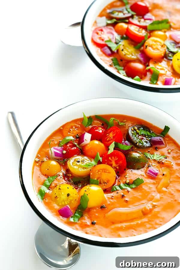 This 10-Minute Gazpacho Recipe is easy to customize with whatever veggies you have on hand, it's easy to make ahead of time, and it's absolutely delicious! Chilled gazpacho, ready to serve with fresh garnishes. | gimmesomeoven.com (Vegetarian / Gluten-Free)