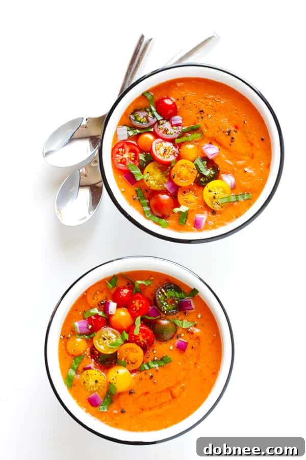 This 10-Minute Gazpacho Recipe is easy to customize with whatever veggies you have on hand, it's easy to make ahead of time, and it's absolutely delicious! Enjoy this refreshing vegetarian and gluten-free cold soup. | gimmesomeoven.com (Vegetarian / Gluten-Free)