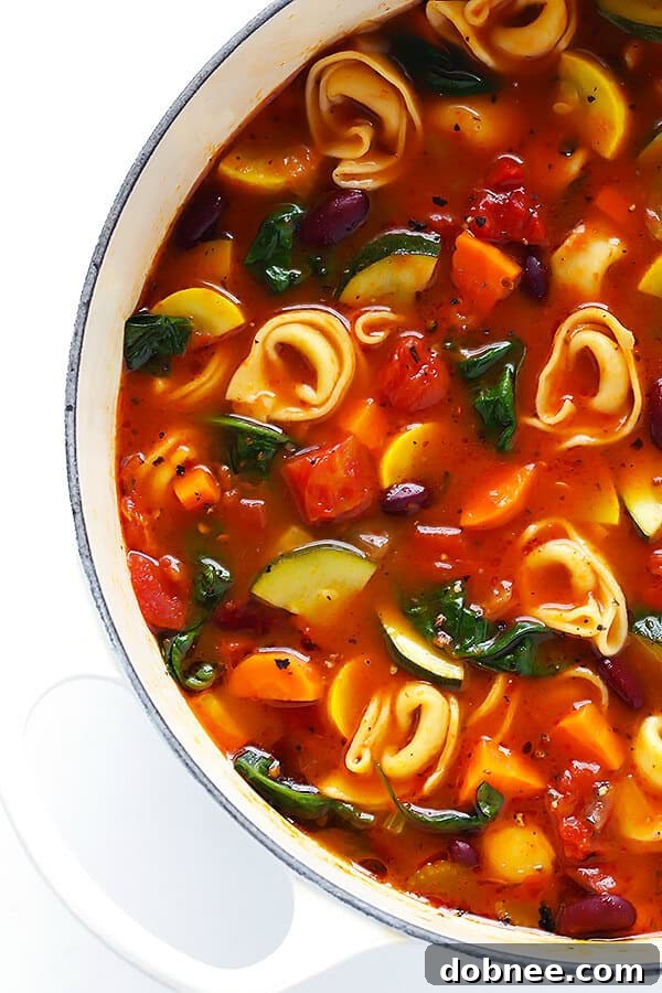 A vibrant bowl of Tortellini Minestrone with a spoon, showcasing tender cheese tortellini, kidney beans, and various garden vegetables in a rich tomato broth, garnished with fresh herbs. Perfect for a cozy meal.